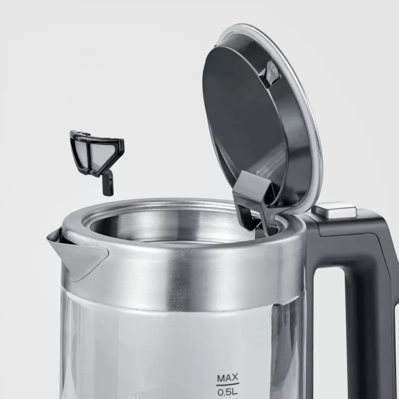 Elektriskā tējkanna SEVERIN WK3458, 0,5 L, 1100 W, stikls un nerūsējošais tērauds, 5 temperatūras iestatījumi, bezvada
