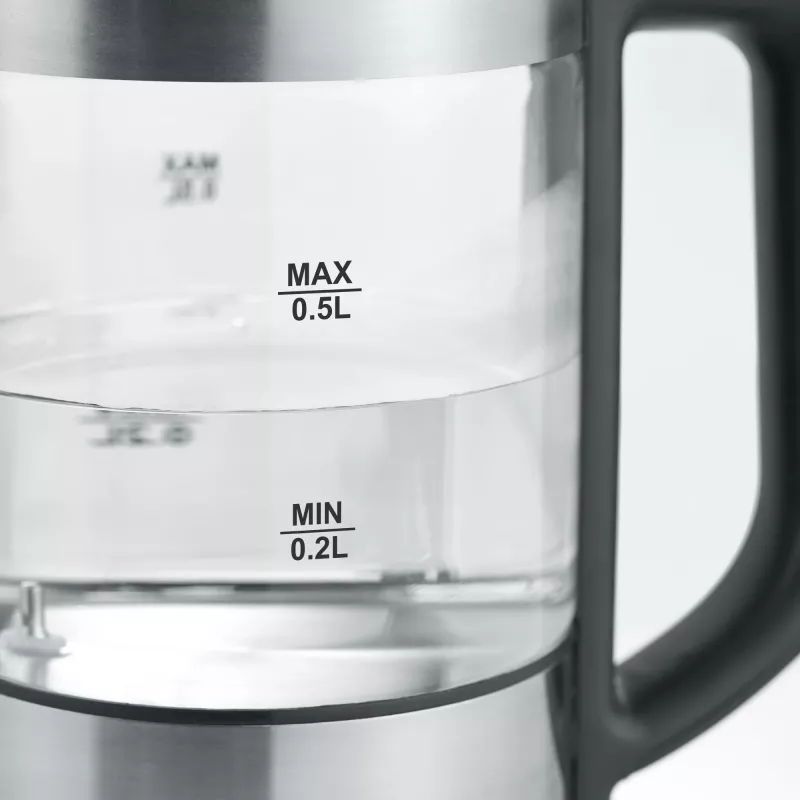Elektriskā tējkanna SEVERIN WK3458, 0,5 L, 1100 W, stikls un nerūsējošais tērauds, 5 temperatūras iestatījumi, bezvada