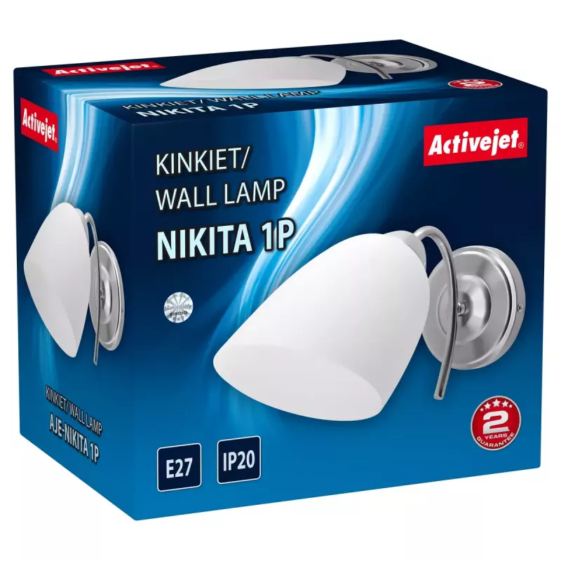 Sienas lampa ActiveJet NIKITA niķelis E27 vienas gaismas, apaļš metāla abažūrs, IP20, 220–240V, maks. 60W