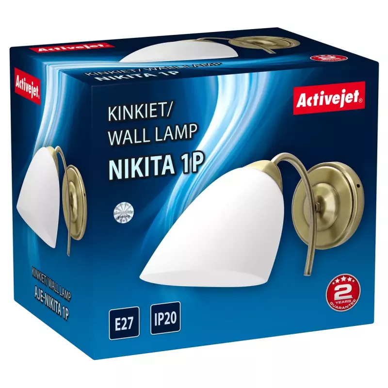 Sienas lampa ActiveJet NIKITA Patyna E27 viena spuldze, metāla korpuss, IP20, 220–240 V, 60 W, balts stikls