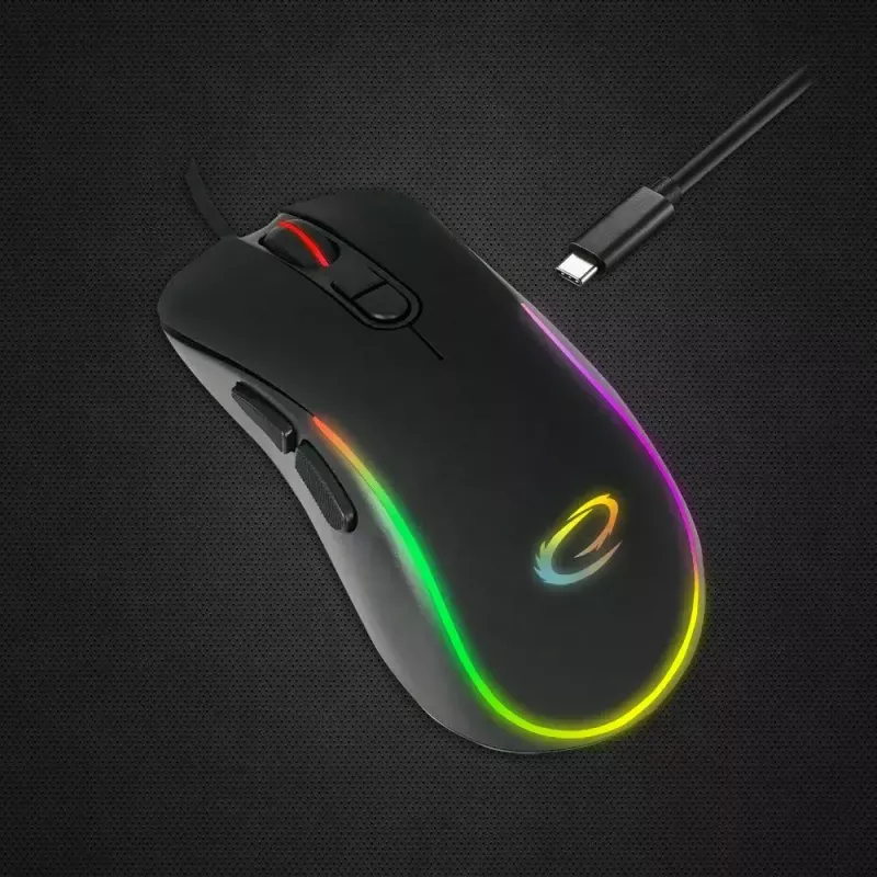 Spēļu pele ESPERANZA EGM303 USB Type-C, optiska 2400 DPI, 7 pogas, RGB, labajai rokai, melna