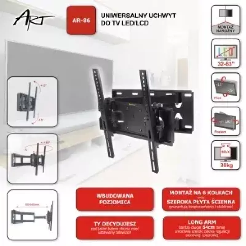 Sienas televizora stiprinājums ART AR-86, sienas kronšteins televizoriem, modelis AR-86