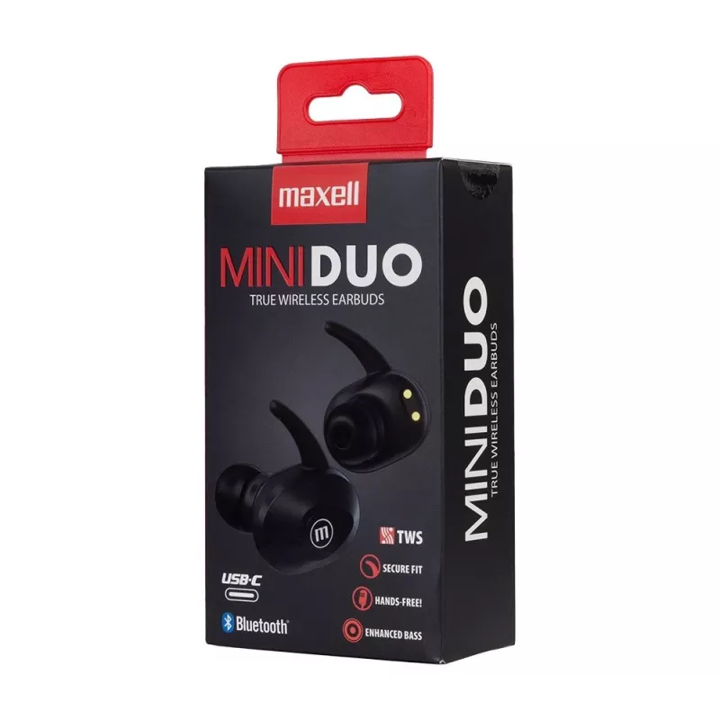 MAXELL MINI DUO bezvadu ievietojamās austiņas ar uzlādes maciņu melnā krāsā