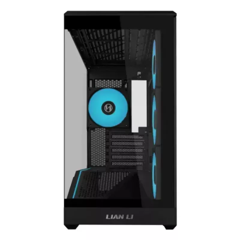 Mini Tower PC Case Lian Li Vector V100R MINI — Mini-ITX/Micro-ATX, rūdīts stikls, 3x120mm sānos + 1x120mm aizmugurē ventilatori, 2x 2.5 collu + 1x 3.5 collu nodalījumi, melns