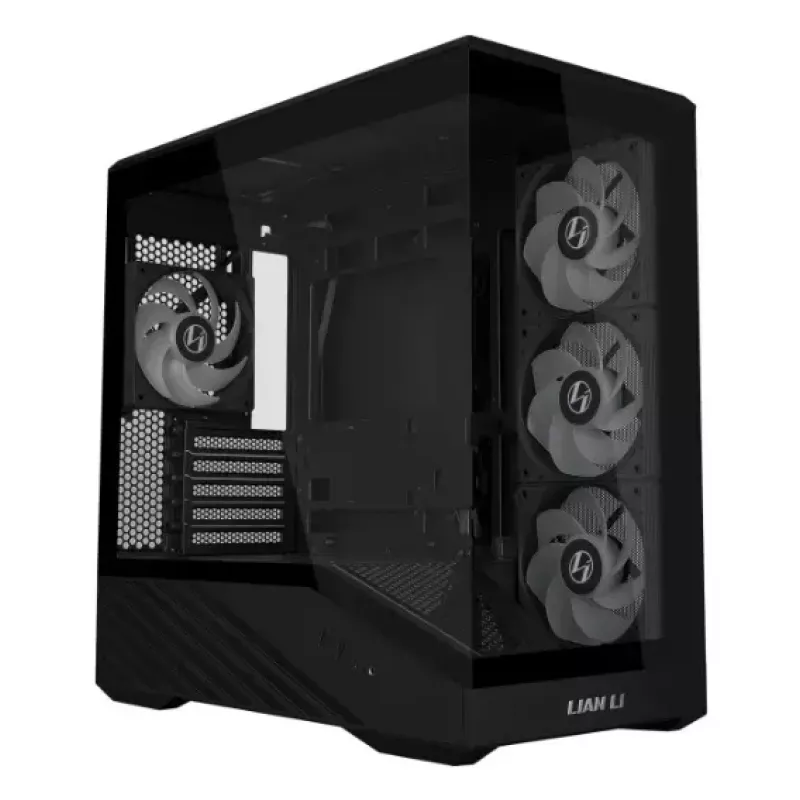 Mini Tower PC Case Lian Li Vector V100R MINI — Mini-ITX/Micro-ATX, rūdīts stikls, 3x120mm sānos + 1x120mm aizmugurē ventilatori, 2x 2.5 collu + 1x 3.5 collu nodalījumi, melns