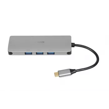 Saskarnes centrmezgls IBOX IUH3RJ4K USB Type-C uz USB 3.2 Gen 1 Type-A (3 porti), USB 3.2 Gen 2 Type-C, RJ-45, 5000 Mbit/s, sudraba krāsā