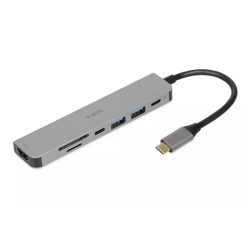Dokstacija IBOX IUH3SL4K USB Type-C 5 Gbit/s, HDMI 4K@30Hz, PD līdz 100W, 2x USB-A, 2x USB-C, karšu lasītājs, sudraba
