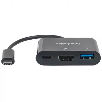 Manhattan USB-C dokstacija / centrmezgls, pieslēgvietas (x3): HDMI, USB-A un USB-C, 5 Gbps (USB 3.2 Gen1, saukts arī par USB 3.0), ar strāvas padevi (60 W) USB-C pieslēgvietai (piezīme: nepieciešams papildu USB-C sienas lādētājs un USB-