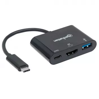 Manhattan USB-C dokstacija / centrmezgls, pieslēgvietas (x3): HDMI, USB-A un USB-C, 5 Gbps (USB 3.2 Gen1, saukts arī par USB 3.0), ar strāvas padevi (60 W) USB-C pieslēgvietai (piezīme: nepieciešams papildu USB-C sienas lādētājs un USB-