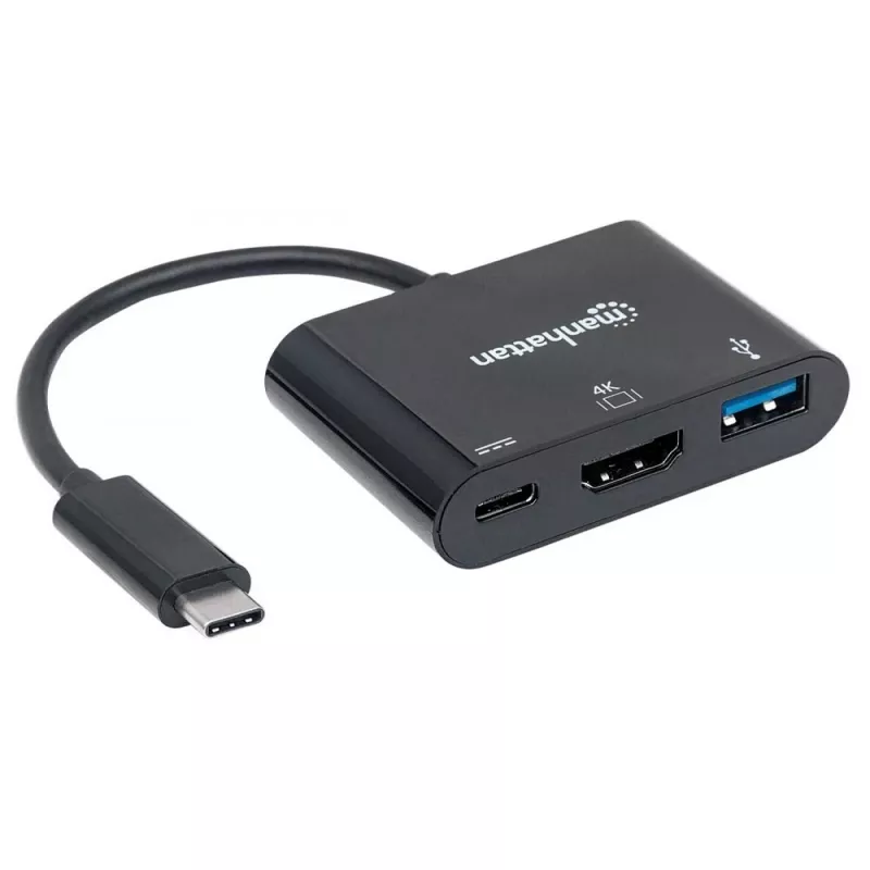 Manhattan USB-C dokstacija / centrmezgls, pieslēgvietas (x3): HDMI, USB-A un USB-C, 5 Gbps (USB 3.2 Gen1, saukts arī par USB 3.0), ar strāvas padevi (60 W) USB-C pieslēgvietai (piezīme: nepieciešams papildu USB-C sienas lādētājs un USB-