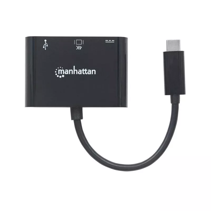 Manhattan USB-C dokstacija / centrmezgls, pieslēgvietas (x3): HDMI, USB-A un USB-C, 5 Gbps (USB 3.2 Gen1, saukts arī par USB 3.0), ar strāvas padevi (60 W) USB-C pieslēgvietai (piezīme: nepieciešams papildu USB-C sienas lādētājs un USB-