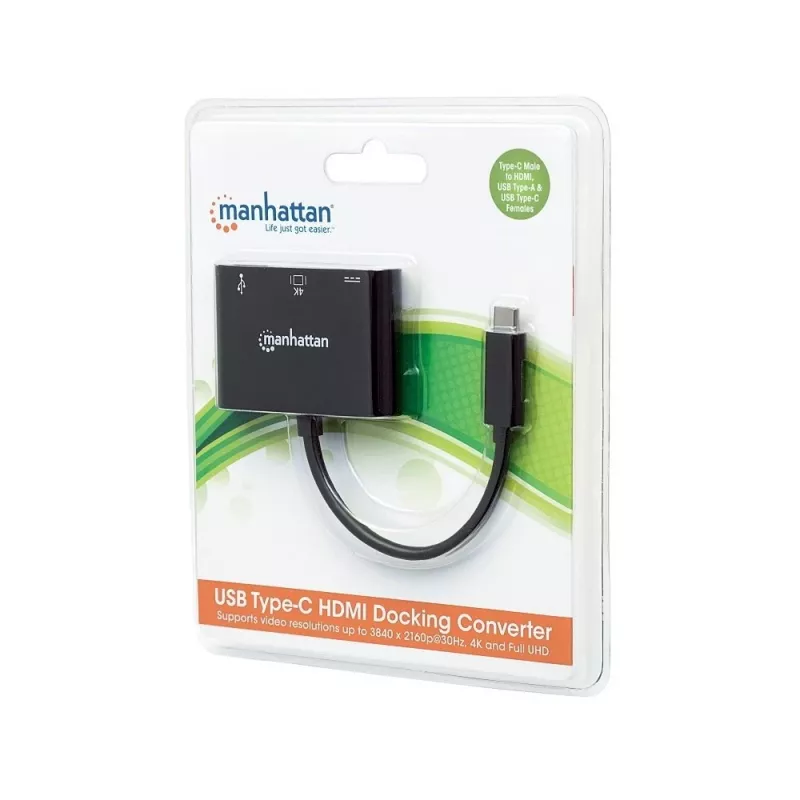 Manhattan USB-C dokstacija / centrmezgls, pieslēgvietas (x3): HDMI, USB-A un USB-C, 5 Gbps (USB 3.2 Gen1, saukts arī par USB 3.0), ar strāvas padevi (60 W) USB-C pieslēgvietai (piezīme: nepieciešams papildu USB-C sienas lādētājs un USB-