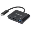 Manhattan USB-C dokstacija / centrmezgls, pieslēgvietas (x3): HDMI, USB-A un USB-C, 5 Gbps (USB 3.2 Gen1, saukts arī par USB 3.0), ar strāvas padevi (60 W) USB-C pieslēgvietai (piezīme: nepieciešams papildu USB-C sienas lādētājs un USB-