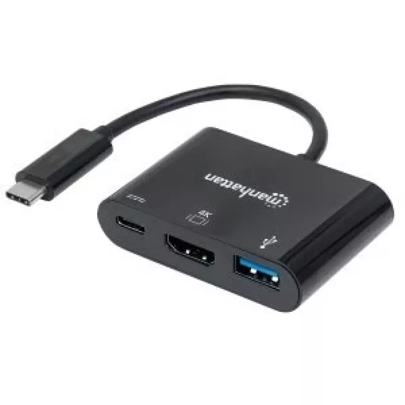 Manhattan USB-C dokstacija / centrmezgls, pieslēgvietas (x3): HDMI, USB-A un USB-C, 5 Gbps (USB 3.2 Gen1, saukts arī par USB 3.0), ar strāvas padevi (60 W) USB-C pieslēgvietai (piezīme: nepieciešams papildu USB-C sienas lādētājs un USB-