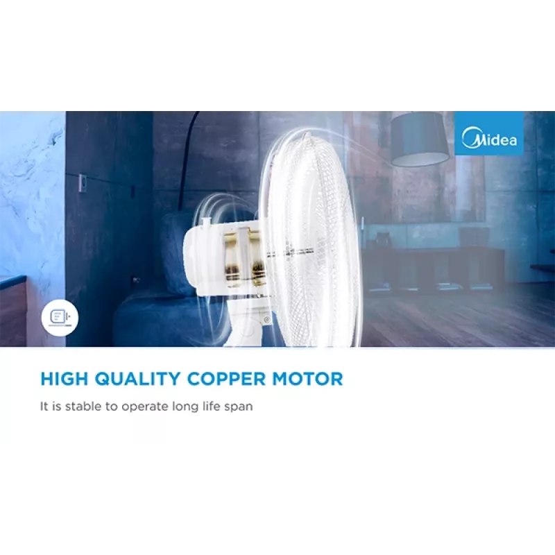 Galda ventilators Midea FT40-21M — 40 cm diametrs, 3 ātrumi, oscilācija, 25 W, balts