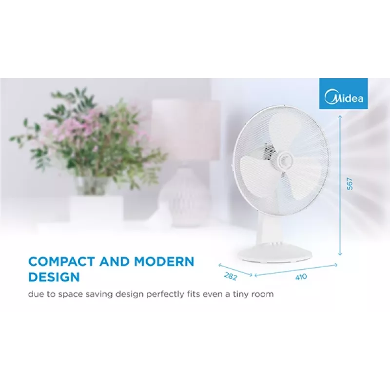 Galda ventilators Midea FT40-21M — 40 cm diametrs, 3 ātrumi, oscilācija, 25 W, balts