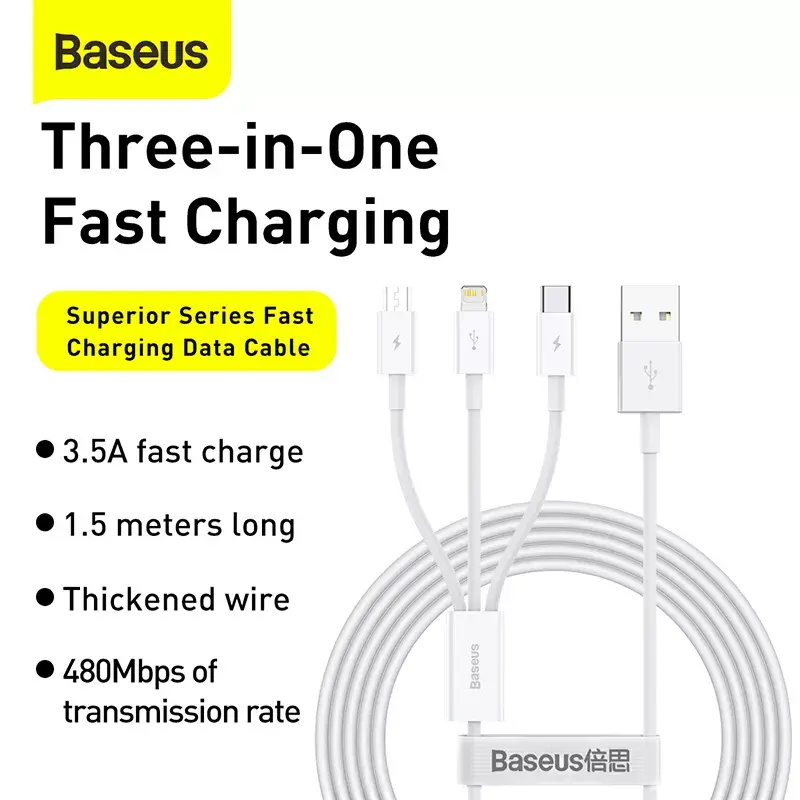 USB kabelis Baseus Superior USB 2.0 1.5m USB A USB C/Micro USB A/Lightning Balts