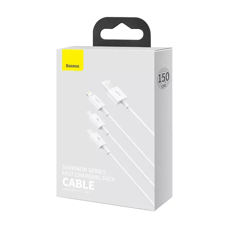 USB kabelis Baseus Superior USB 2.0 1.5m USB A USB C/Micro USB A/Lightning Balts