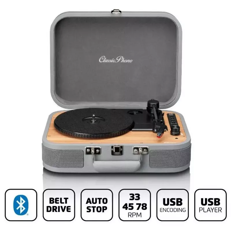 Portatīvais vinila plašu atskaņotājs koferī Lenco TT-116GR ar Bluetooth 5.0, USB, AUX, iebūvētiem skaļruņiem, 4 W, atbalsta 7/10/12 collu plates
