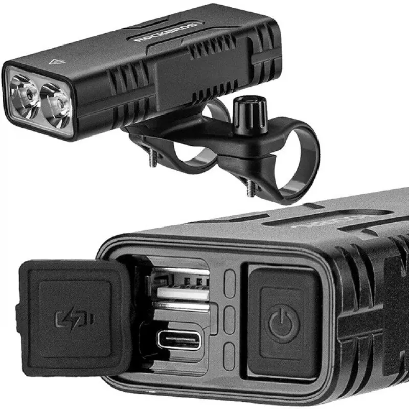 Rockbros velosipēda lukturis ar ārējā akumulatora funkciju + USB-C uz USB-A kabelis, 850 lm, melns