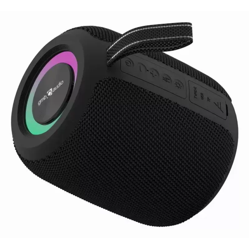Mono pārnēsājamais skaļrunis GEMBIRD GMB Audio SPK-BT-LED-05-BK — 8 W RMS, 6,6 cm draiveris, Bluetooth, MicroSD atbalsts, melns cilindrs