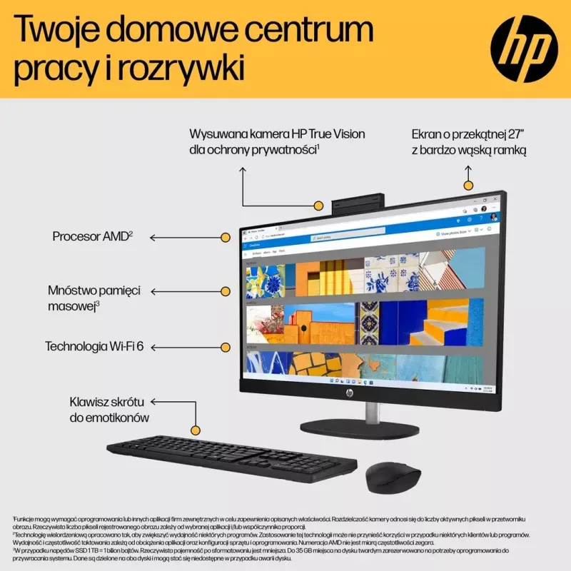 Viss vienā dators HP 27-cr0232nw — AMD Ryzen 5 7520U, 16 GB RAM, 512 GB SSD, 27 collu FHD, Windows 11 Home, Wi‑Fi 6 (balts)