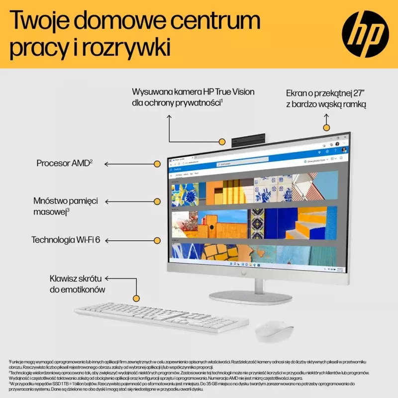 Viss vienā dators HP 27-cr0232nw — AMD Ryzen 5 7520U, 16 GB RAM, 512 GB SSD, 27 collu FHD, Windows 11 Home, Wi‑Fi 6 (balts)