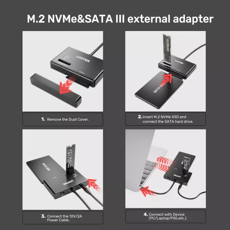 SSD korpuss UNITEK S1232A01-EU Melns M.2/2,5 collas/3,5 collas 10 Gbit/s