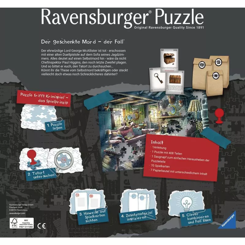 Puzle Ravensburger Gifted Murder 264 gabali – 264 gabalu puzle, standarta griezums, pusaudžiem un pieaugušajiem