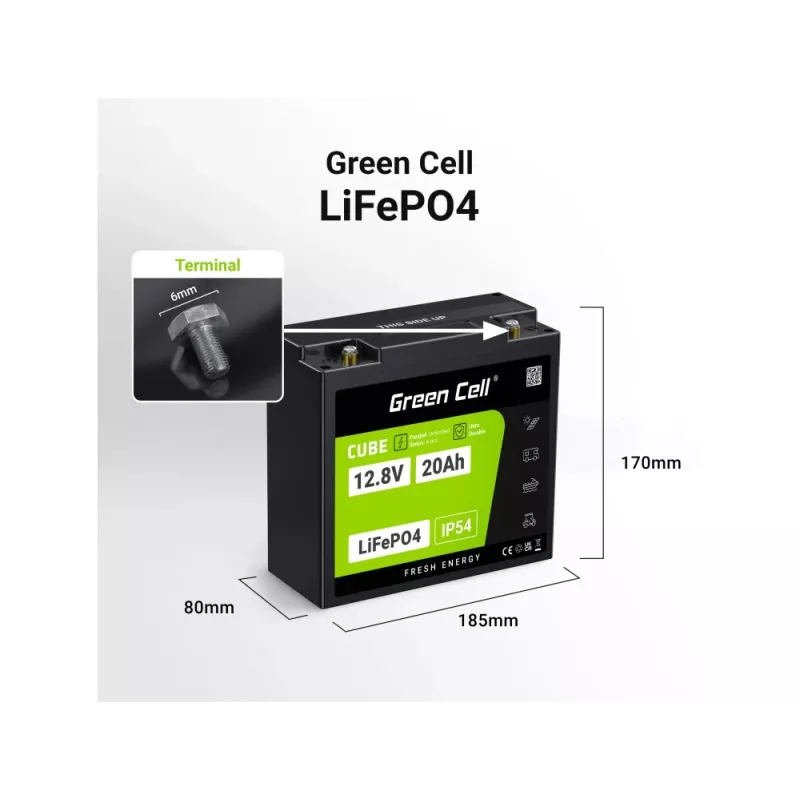 UPS baterija zaļa Cell GC-LFPGC12V20AH litija dzelzs fosfāts 12,8 V 20 Ah, 256 Wh, 185x80x170 mm, 3 kg