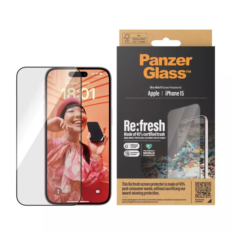 PanzerGlass® Re:fresh ekrāna aizsargs iPhone 15 Ultra-Wide Fit EasyAligner triecienizturīgs caurspīdīgs