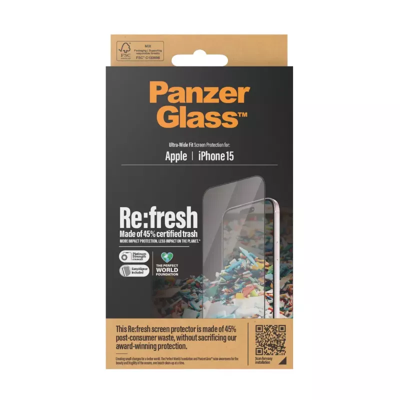 PanzerGlass® Re:fresh ekrāna aizsargs iPhone 15 Ultra-Wide Fit EasyAligner triecienizturīgs caurspīdīgs