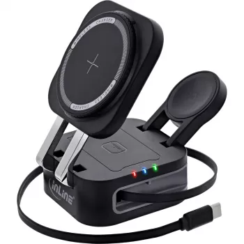Iekštelpu bezvadu lādētājs InLine 33392T austiņām, galvas austiņu komplektiem, viedtālruņiem un viedpulksteņiem — USB barošana 9/12 V, Melns