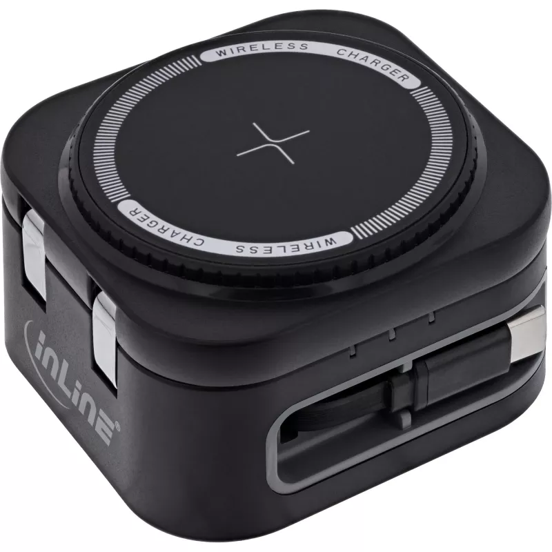 Iekštelpu bezvadu lādētājs InLine 33392T austiņām, galvas austiņu komplektiem, viedtālruņiem un viedpulksteņiem — USB barošana 9/12 V, Melns