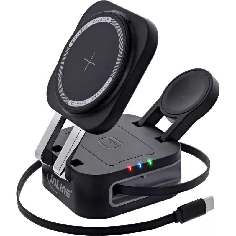 Iekštelpu bezvadu lādētājs InLine 33392T austiņām, galvas austiņu komplektiem, viedtālruņiem un viedpulksteņiem — USB barošana 9/12 V, Melns