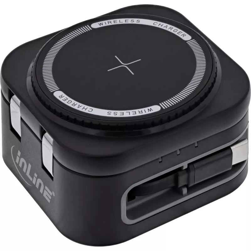 Iekštelpu bezvadu lādētājs InLine 33392T austiņām, galvas austiņu komplektiem, viedtālruņiem un viedpulksteņiem — USB barošana 9/12 V, Melns