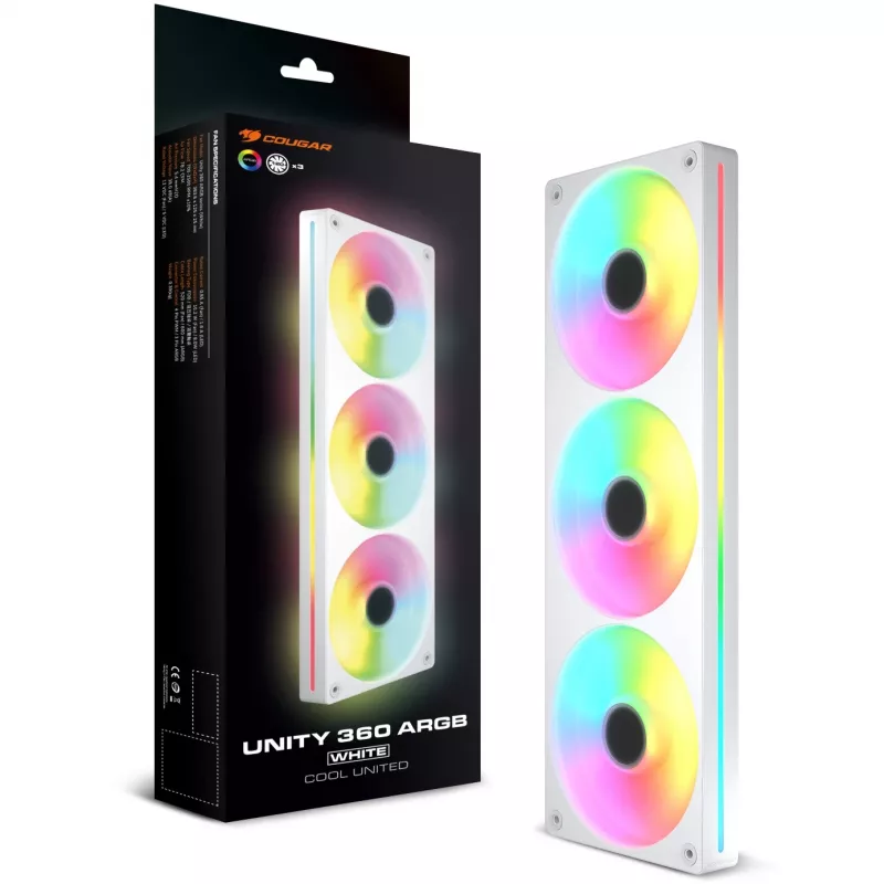 COUGAR Unity360-FB 360mm Single-Frame ARGB PWM Reversed Fan, 120mm x3, 700–1600 RPM, FDB, balta