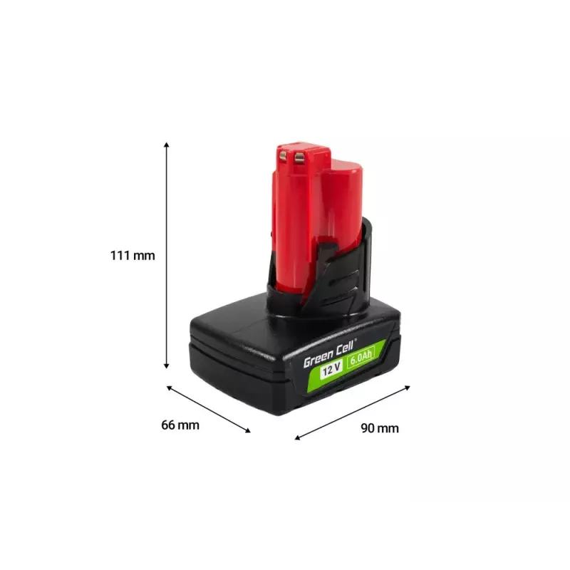 Bezvadu instrumenta akumulators Green Cell PTML12V6 12V Li-Ion 6 Ah, izmēri 6,6×9×11,1 cm
