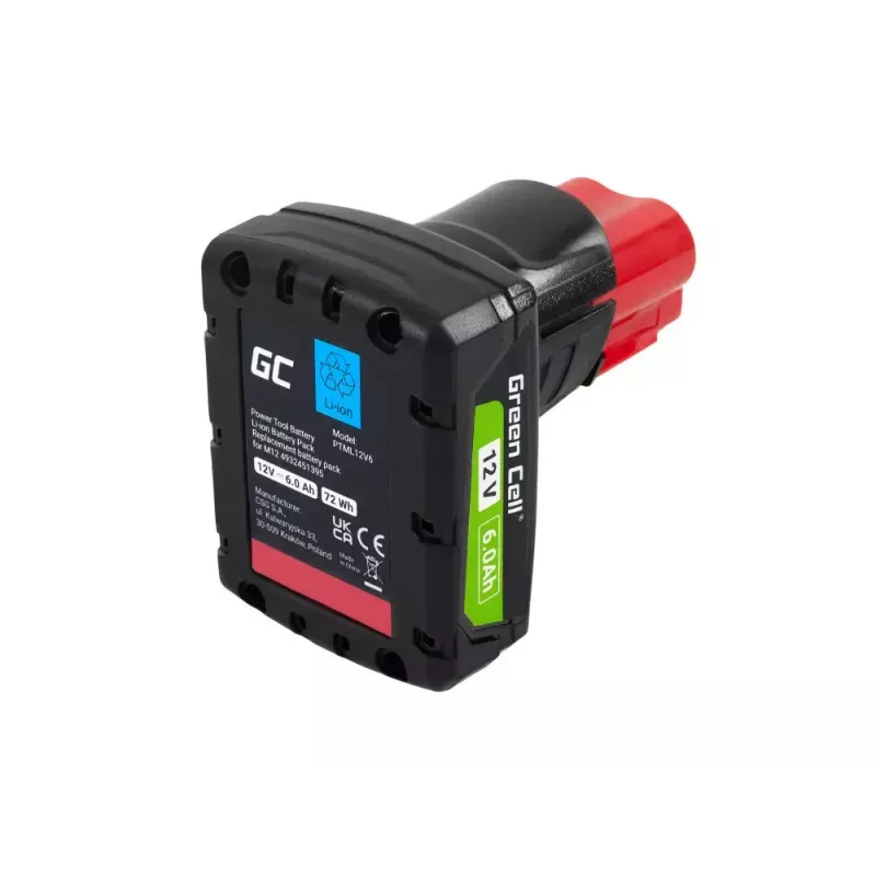 Bezvadu instrumenta akumulators Green Cell PTML12V6 12V Li-Ion 6 Ah, izmēri 6,6×9×11,1 cm
