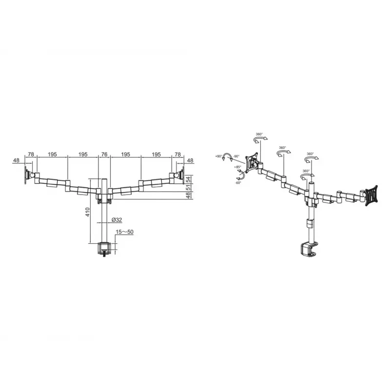 Multibrackets M VESA Deskmount Officeline Dual Melns Clamp/Bolt-through 16kg 15-30in
