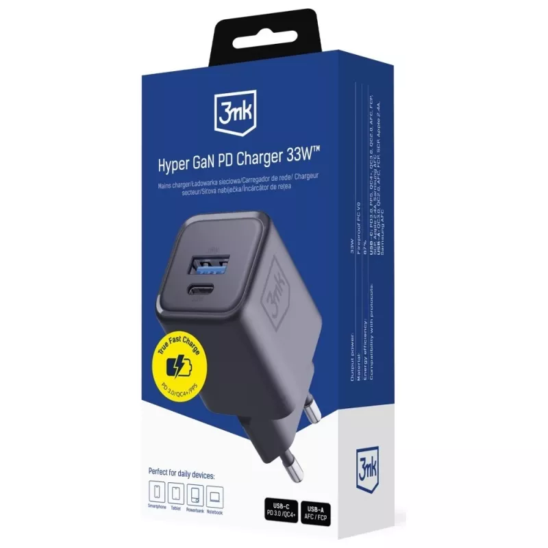 Lādētājs 3MK Hyper Charger PD 33W GaN QC4+ melns — 33 W PD ātrais lādētājs ar GaN tehnoloģiju