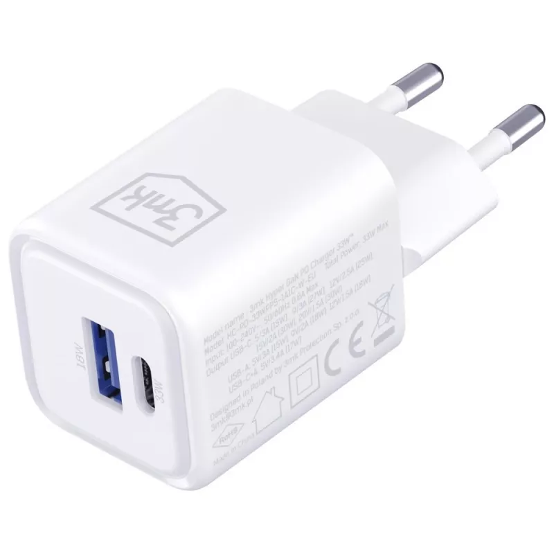 Sienas lādētājs 3MK Hyper Charger PD 33W GaN QC4+ balts — USB‑C PD 33W, GaN, Quick Charge 4+
