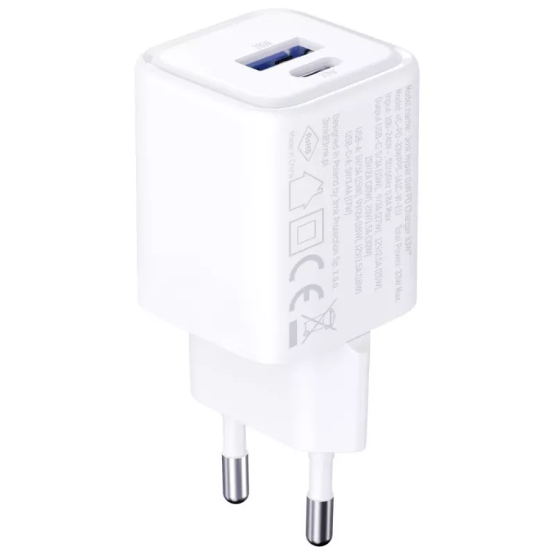 Sienas lādētājs 3MK Hyper Charger PD 33W GaN QC4+ balts — USB‑C PD 33W, GaN, Quick Charge 4+