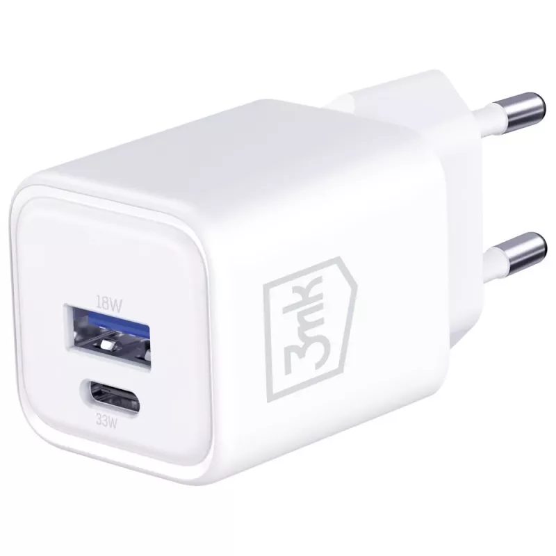 Sienas lādētājs 3MK Hyper Charger PD 33W GaN QC4+ balts — USB‑C PD 33W, GaN, Quick Charge 4+