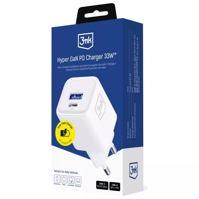Sienas lādētājs 3MK Hyper Charger PD 33W GaN QC4+ balts — USB‑C PD 33W, GaN, Quick Charge 4+