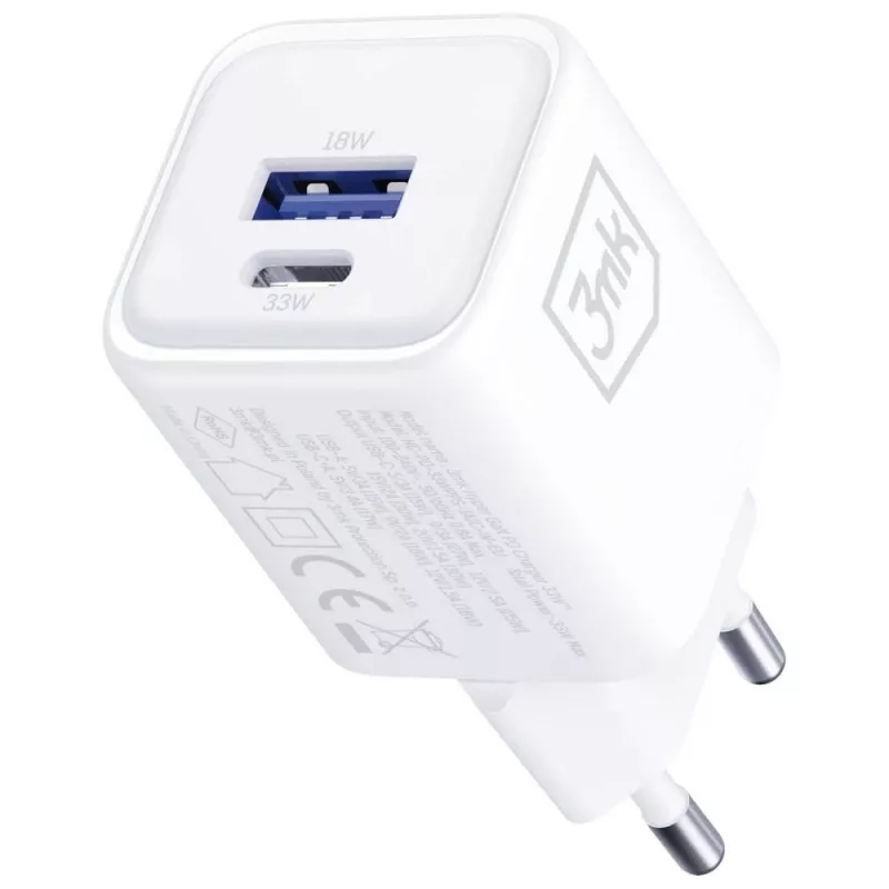 Sienas lādētājs 3MK Hyper Charger PD 33W GaN QC4+ balts — USB‑C PD 33W, GaN, Quick Charge 4+