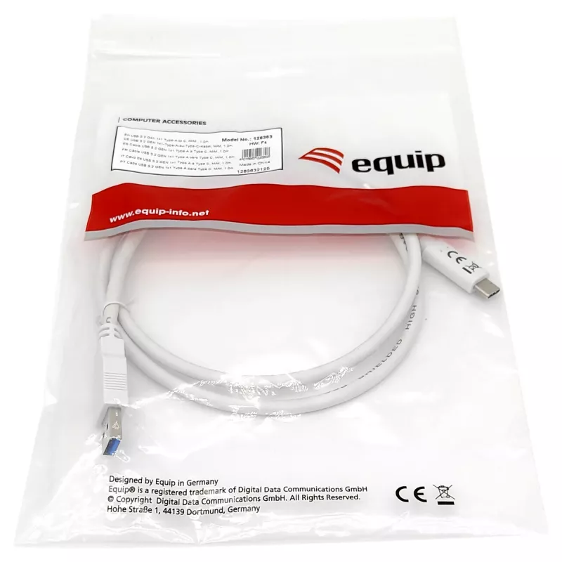 USB 3.2 Gen 1 C–A kabelis EQUIP 0,5 m 5 Gbps balts (USB-C uz USB-A, niķelēti kontakti)