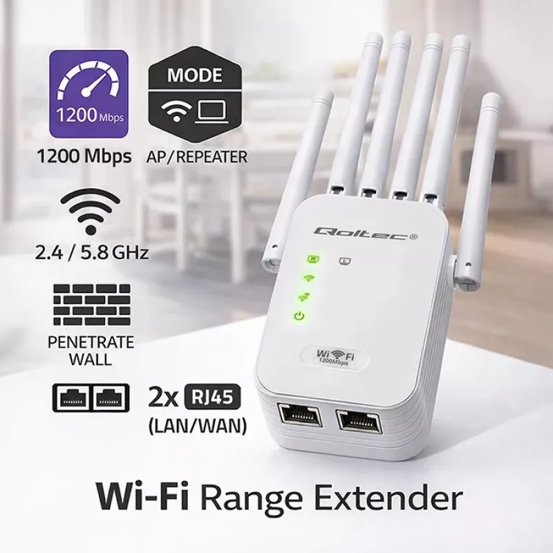 Wi‑Fi signāla pastiprinātājs QOLTEC AC1200 – QOLTEC AC1200 divjoslu…