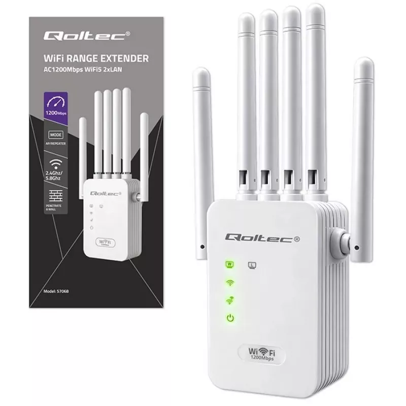 Wi‑Fi signāla pastiprinātājs QOLTEC AC1200 – QOLTEC AC1200 divjoslu…