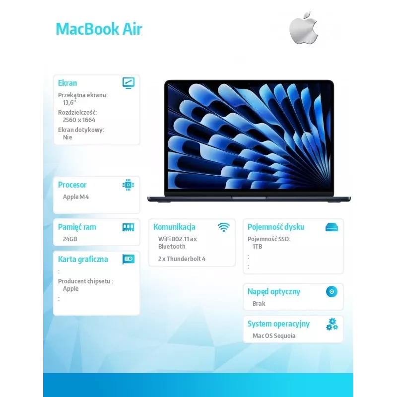 Laptop Apple Macbook Air M4 13,6 collas 24GB 1TB Mac OS